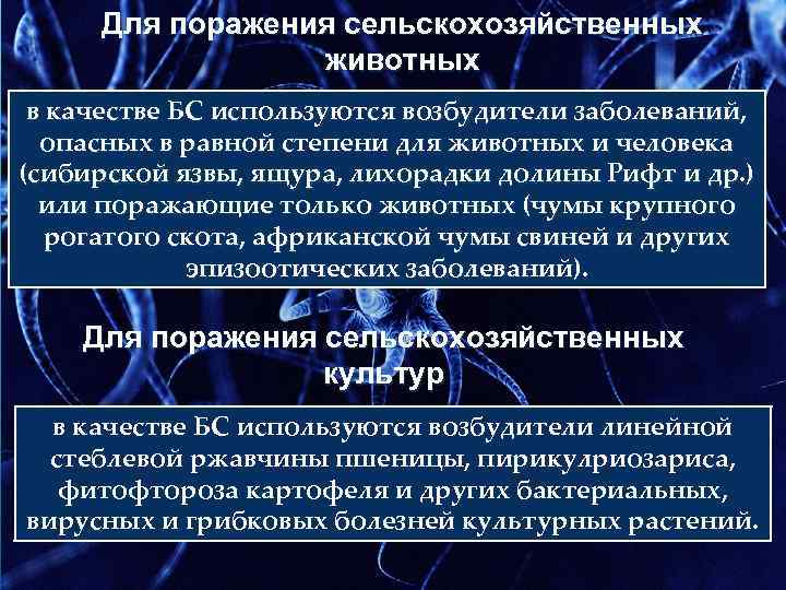 Для поражения сельскохозяйственных животных в качестве БС используются возбудители заболеваний, опасных в равной степени