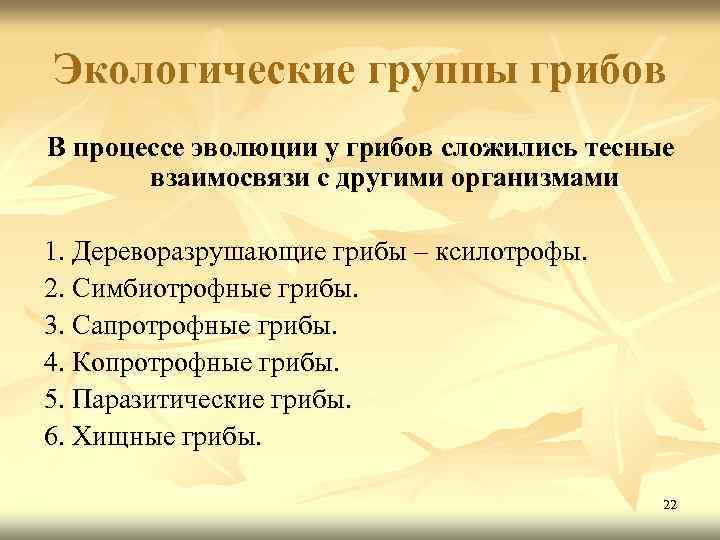Экологические группы грибов В процессе эволюции у грибов сложились тесные взаимосвязи с другими организмами