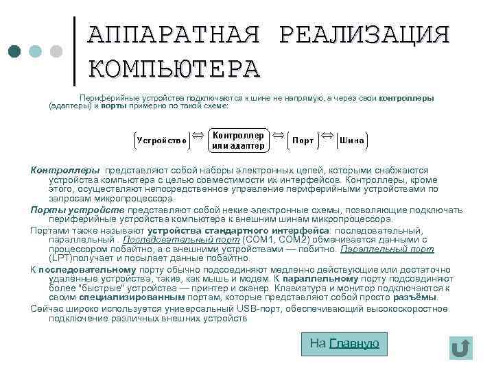 АППАРАТНАЯ РЕАЛИЗАЦИЯ КОМПЬЮТЕРА Периферийные устройства подключаются к шине не напрямую, а через свои контроллеры