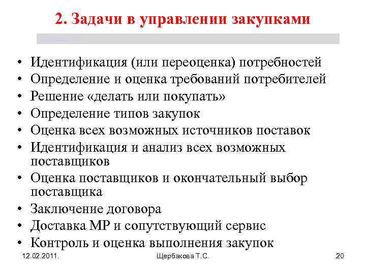 2. Задачи в управлении закупками Щербакова Т. С. • • • Идентификация (или переоценка)