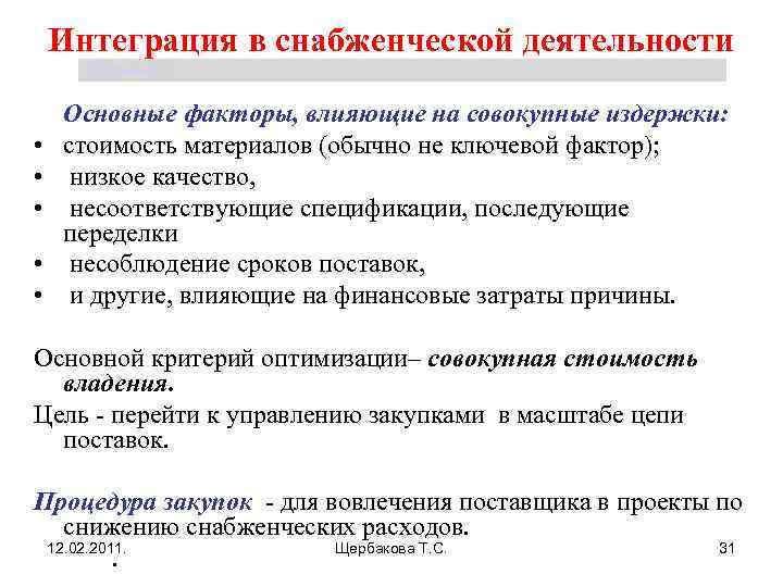 Интеграция в снабженческой деятельности Щербакова Т. С. Основные факторы, влияющие на совокупные издержки: •
