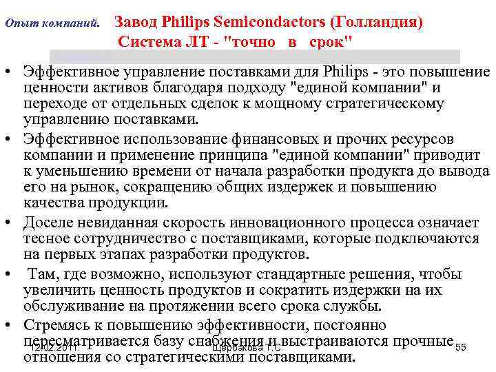 Опыт компаний. Завод Philips Semicondactors (Голландия) Система ЛТ - "точно в срок" Щербакова Т.