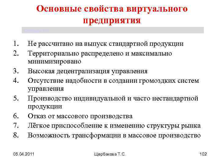 Основные свойства виртуального предприятия Щербакова Т. С. 1. 2. 3. 4. 5. 6. 7.