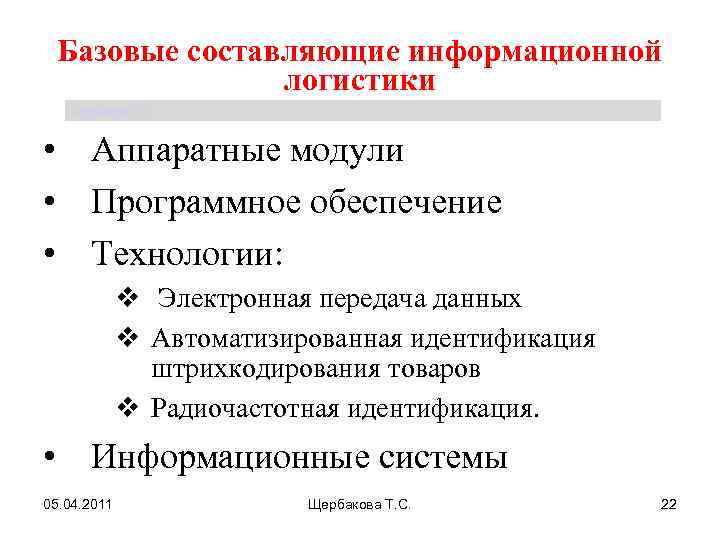 Базовые составляющие информационной логистики Щербакова Т. С. • Аппаратные модули • Программное обеспечение •