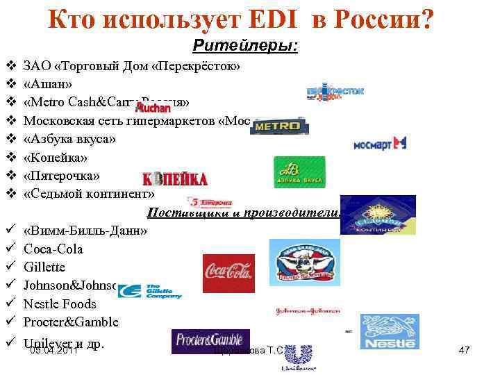 Кто использует EDI в России? Ритейлеры: v v v v ü ü ü ЗАО