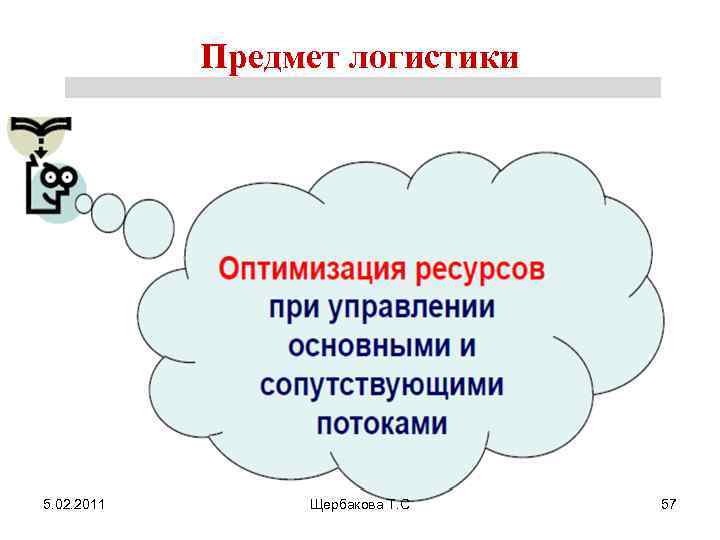 Предмет логистики 5. 02. 2011 Щербакова Т. С 57 
