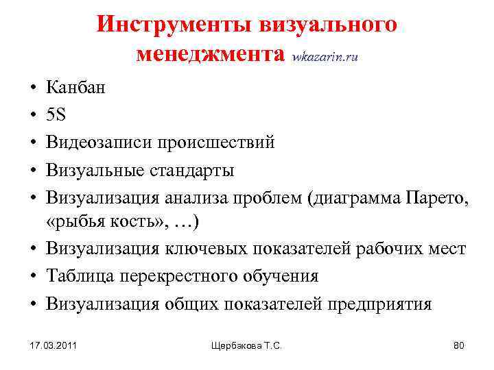 Инструменты визуального менеджмента wkazarin. ru • • • Канбан 5 S Видеозаписи происшествий Визуальные