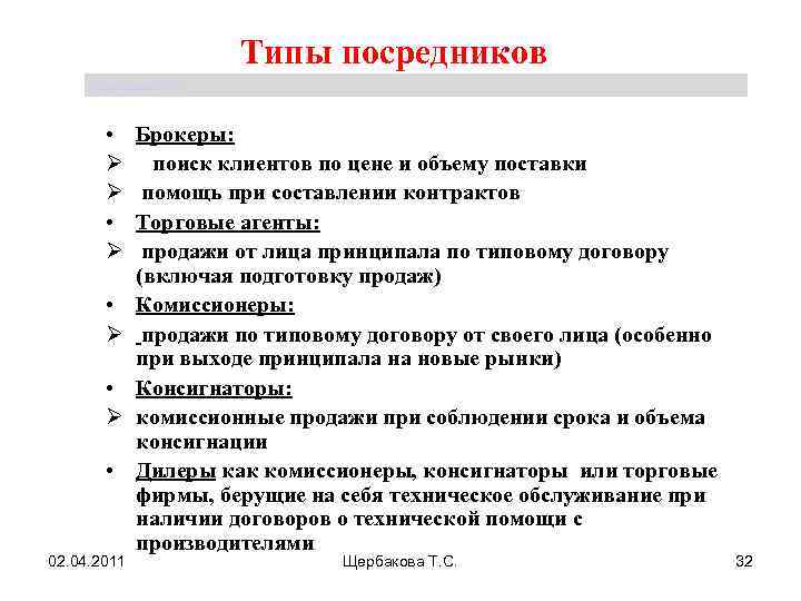 Типы посредников Щербакова Т. С. • Ø Ø • Ø • 02. 04. 2011