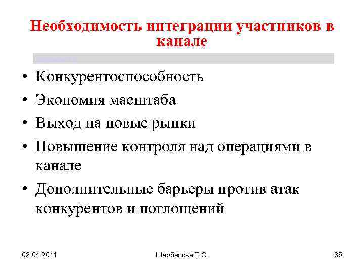 Необходимость интеграции участников в канале Щербакова Т. С. • • Конкурентоспособность Экономия масштаба Выход