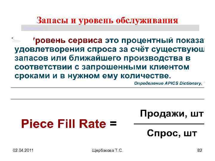 Запасы и уровень обслуживания Щербакова Т. С. 02. 04. 2011 Щербакова Т. С. 82