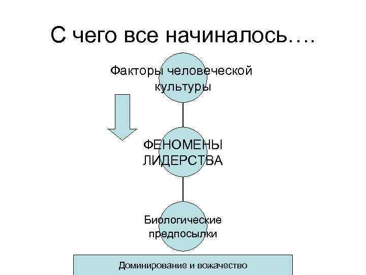 С чего все начиналось…. Факторы человеческой культуры ФЕНОМЕНЫ ЛИДЕРСТВА Биологические предпосылки Доминирование и вожачество