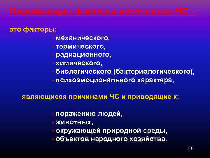 Поражающие факторы источников ЧС – это факторы: механического, термического, радиационного, химического, биологического (бактериологического), психоэмоционального