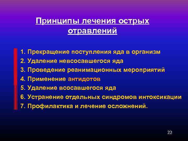 Принципы лечения острых отравлений 1. Прекращение поступления яда в организм 2. Удаление невсосавшегося яда