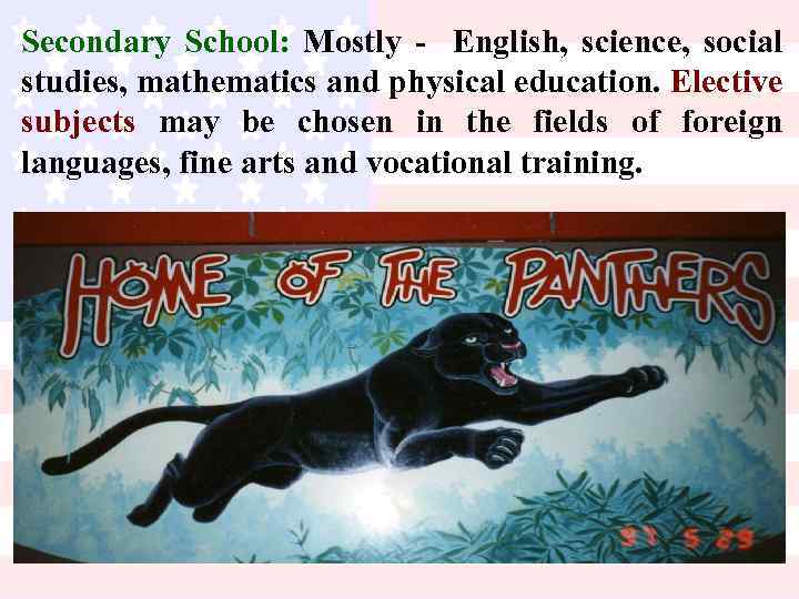 Secondary School: Mostly - English, science, social studies, mathematics and physical education. Elective subjects