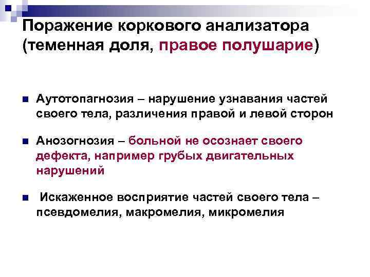 Поражение коркового анализатора (теменная доля, правое полушарие) n Аутотопагнозия – нарушение узнавания частей своего