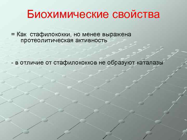 Биохимические свойства = Как стафилококки, но менее выражена протеолитическая активность - в отличие от