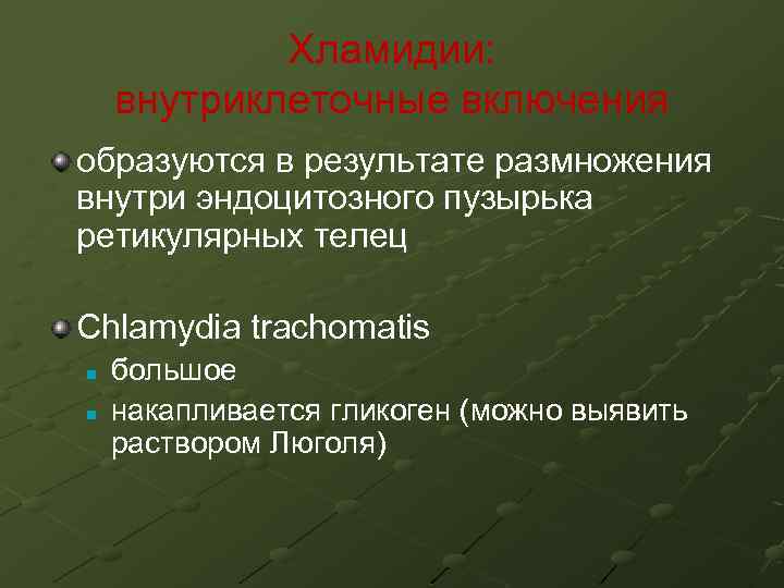 Хламидии: внутриклеточные включения образуются в результате размножения внутри эндоцитозного пузырька ретикулярных телец Chlamydia trachomatis