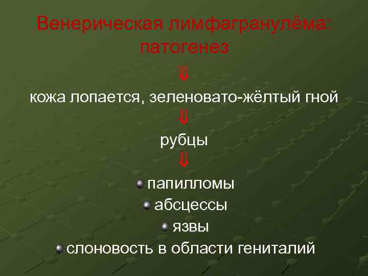 Венерическая лимфагранулёма: патогенез кожа лопается, зеленовато-жёлтый гной рубцы папилломы абсцессы язвы слоновость в области