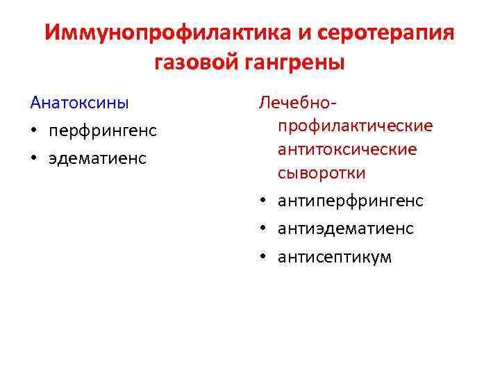 Иммунопрофилактика и серотерапия газовой гангрены Анатоксины • перфрингенс • эдематиенс Лечебнопрофилактические антитоксические сыворотки •