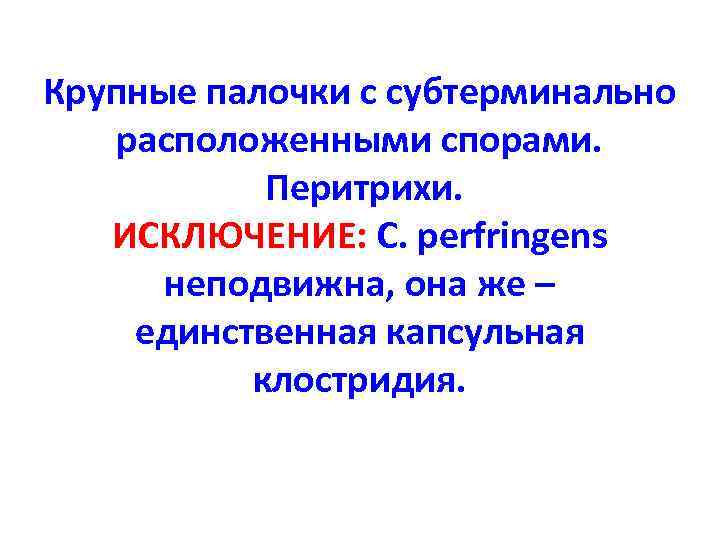 Крупные палочки с субтерминально расположенными спорами. Перитрихи. ИСКЛЮЧЕНИЕ: C. perfringens неподвижна, она же –