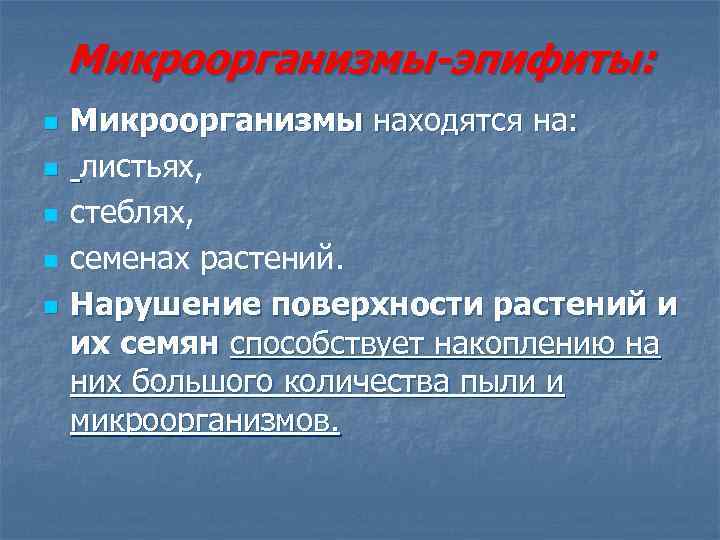Микроорганизмы-эпифиты: n n n Микроорганизмы находятся на: листьях, стеблях, семенах растений. Нарушение поверхности растений