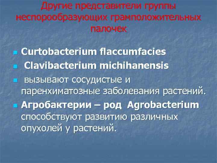 Другие представители группы неспорообразующих грамположительных палочек n n Curtobacterium flaccumfacies Clavibacterium michihanensis вызывают сосудистые