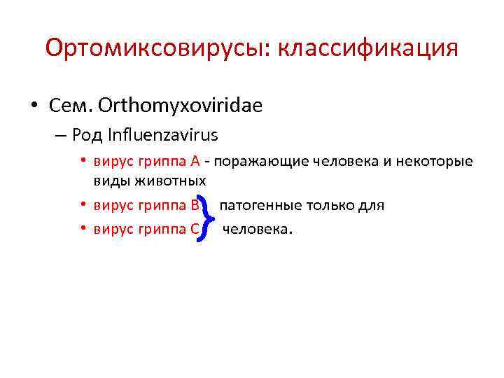 Ортомиксовирусы: классификация • Сем. Orthomyxoviridae – Род Influenzavirus • вирус гриппа А - поражающие