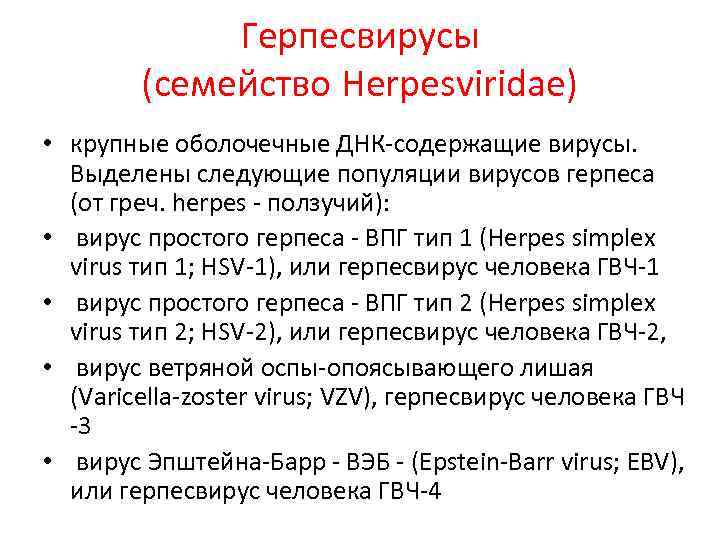 Герпесвирусы (семейство Herpesviridae) • крупные оболочечные ДНК-содержащие вирусы. Выделены следующие популяции вирусов герпеса (от