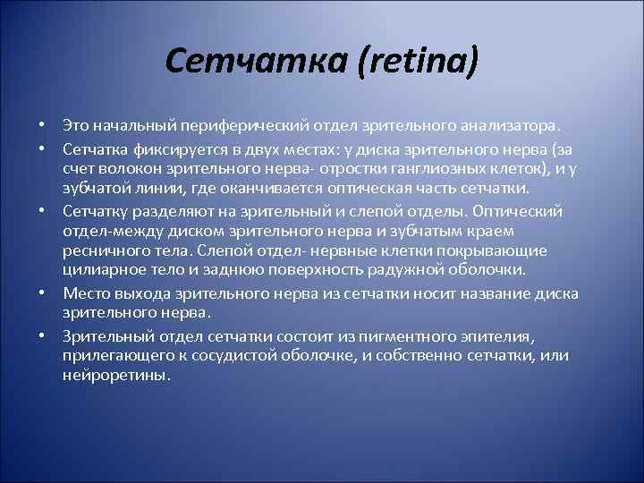 Сетчатка (retina) • Это начальный периферический отдел зрительного анализатора. • Сетчатка фиксируется в двух