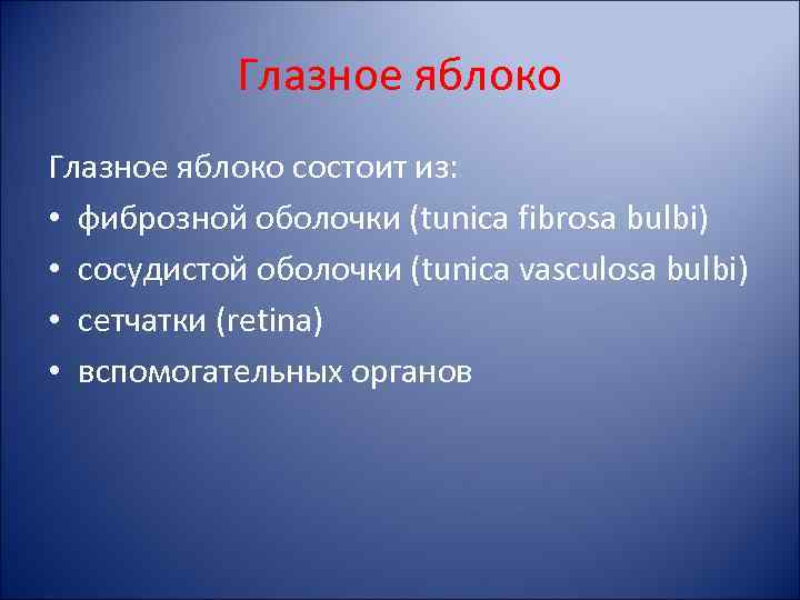 Глазное яблоко состоит из: • фиброзной оболочки (tunica fibrosa bulbi) • сосудистой оболочки (tunica