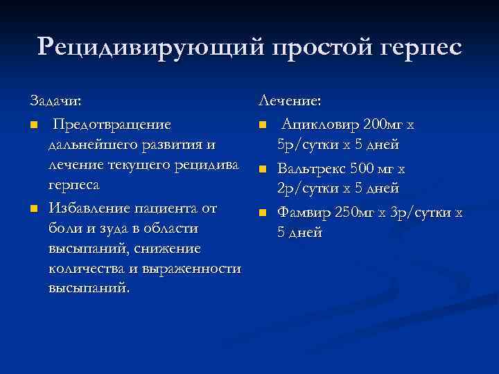 Рецидивирующий простой герпес Задачи: n Предотвращение дальнейшего развития и лечение текущего рецидива герпеса n