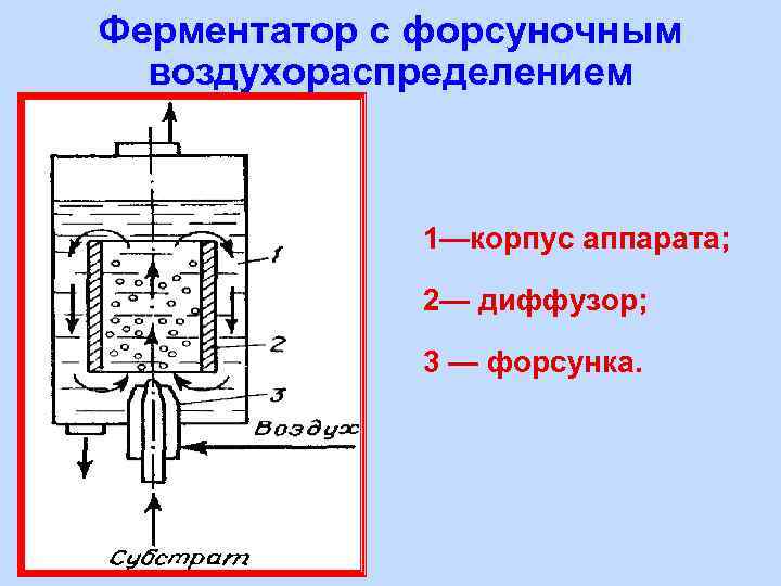 Ферментатор с форсуночным воздухораспределением 1—корпус аппарата; 2— диффузор; 3 — форсунка. 