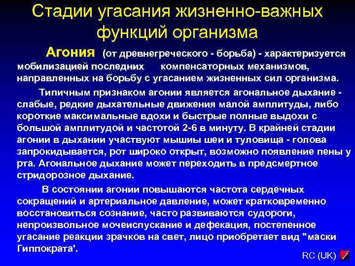 Стадии угасания жизненно-важных функций организма Агония (от древнегреческого - борьба) - характеризуется мобилизацией последних