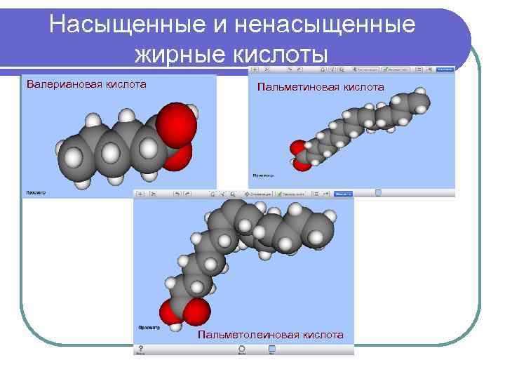 Насыщенные и ненасыщенные жирные кислоты Валериановая кислота Пальметиновая кислота Пальметолеиновая кислота 