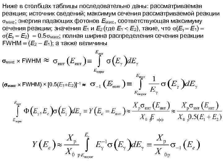 Ниже в столбцах таблицы последовательно даны: рассматриваемая реакция; источник сведений; максимум сечения рассматриваемой реакции