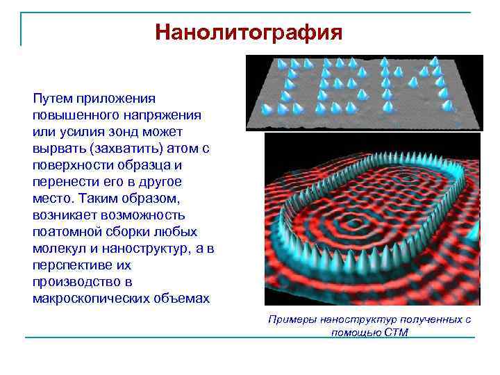 Нанолитография Путем приложения повышенного напряжения или усилия зонд может вырвать (захватить) атом с поверхности