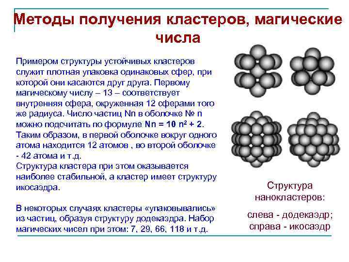 Методы получения кластеров, магические числа Примером структуры устойчивых кластеров служит плотная упаковка одинаковых сфер,