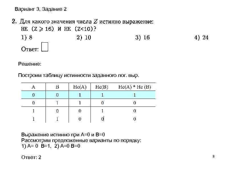 Вариант 3, Задание 2 Решение: Построим таблицу истинности заданного лог. выр. Выражение истинно при