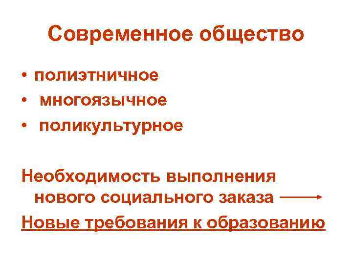 Современное общество • полиэтничное • многоязычное • поликультурное Необходимость выполнения нового социального заказа Новые