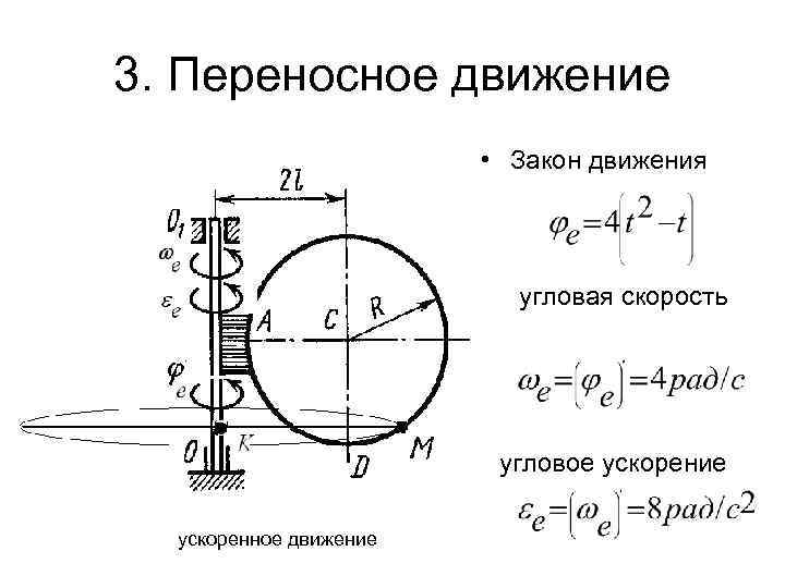 3. Переносное движение • Закон движения угловая скорость угловое ускорение ускоренное движение 