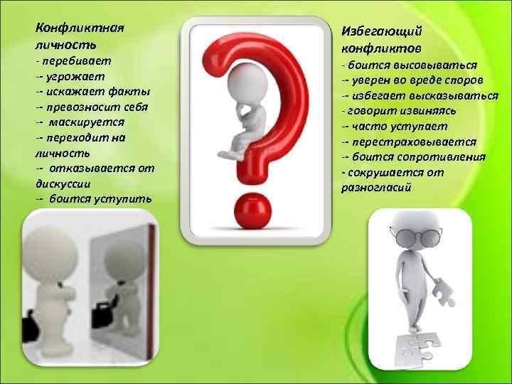 Конфликтная личность - перебивает -- угрожает -- искажает факты -- превозносит себя -- маскируется