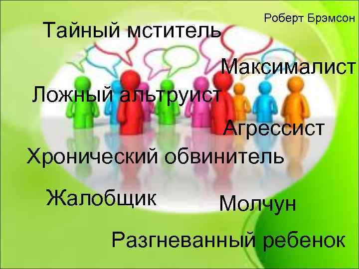 Тайный мститель Роберт Брэмсон Максималист Ложный альтруист Агрессист Хронический обвинитель Жалобщик Молчун Разгневанный ребенок