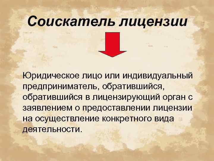 Соискатель лицензии Юридическое лицо или индивидуальный предприниматель, обратившийся в лицензирующий орган с заявлением о