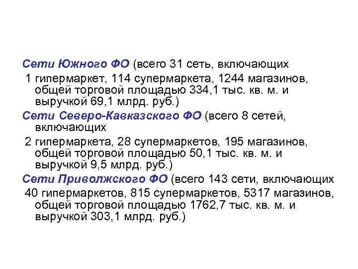 Сети Южного ФО (всего 31 сеть, включающих 1 гипермаркет, 114 супермаркета, 1244 магазинов, общей