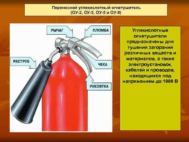 Переносной углекислотный огнетушитель (ОУ-2, ОУ-3, ОУ-5 и ОУ-8) Углекислотные огнетушители предназначены для тушения загораний