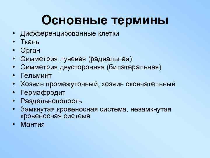 Основные термины • • • Дифференцированные клетки Ткань Орган Симметрия лучевая (радиальная) Симметрия двусторонняя