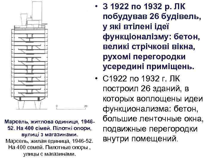  • З 1922 по 1932 р. ЛК побудував 26 будівель, у які втілені