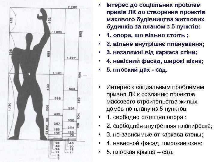  • Інтерес до соціальних проблем привів ЛК до створення проектів масового будівництва житлових