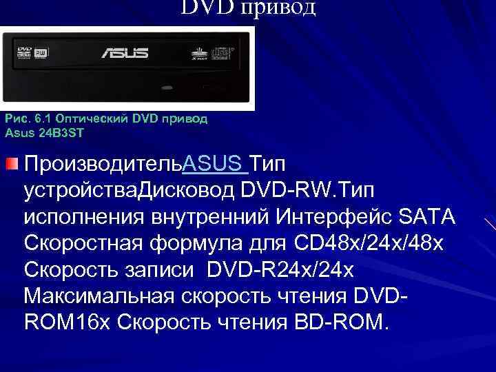 DVD привод Рис. 6. 1 Оптический DVD привод Asus 24 B 3 ST Производитель.