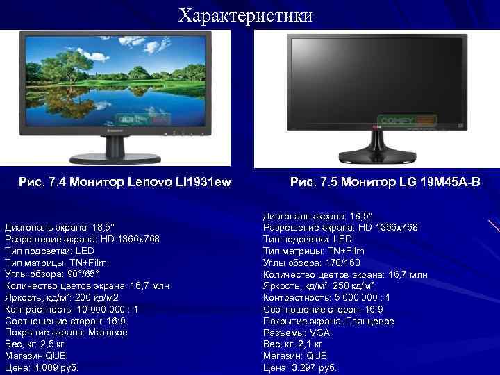 Характеристики Рис. 7. 4 Монитор Lenovo LI 1931 ew Диагональ экрана: 18, 5'' Разрешение